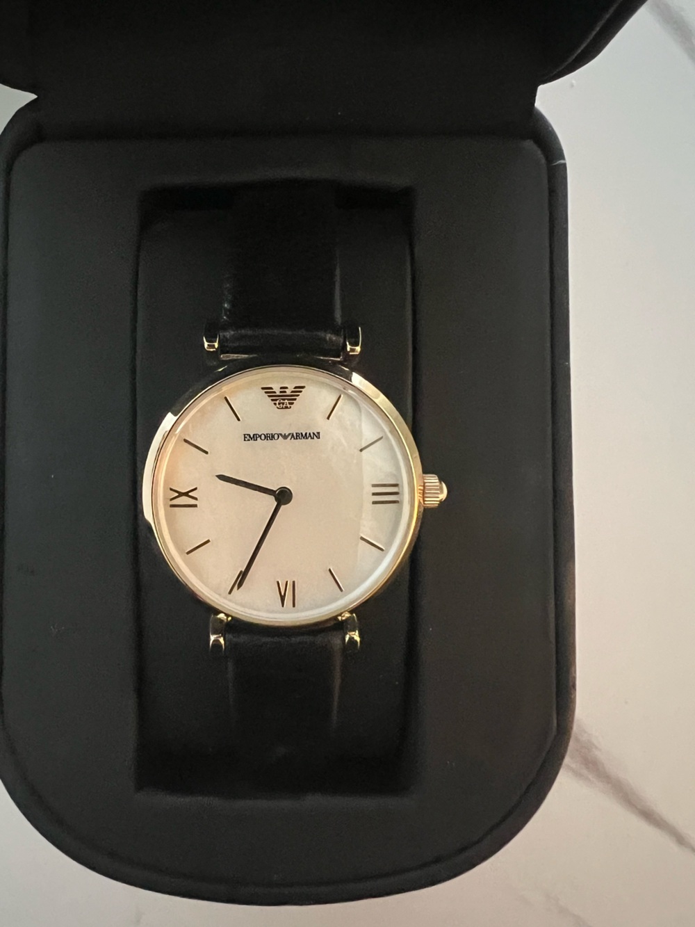 Emporio Armani Gold-Tone Case Black Strap White Dial Classic Watch